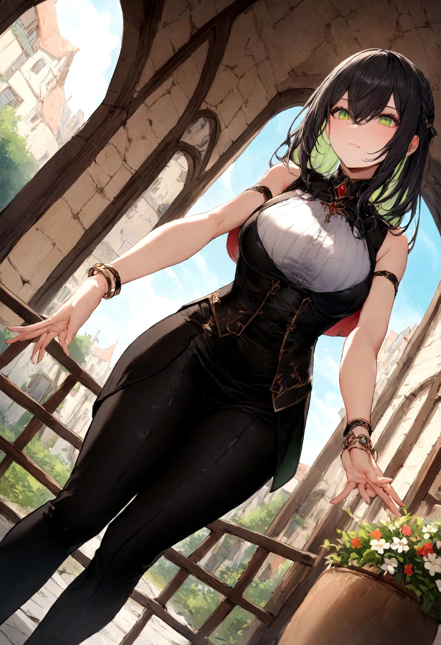 maximum quality Chinon a ninja A sexy ponytails Kunoichi slender and neat legs Beautiful abs Super slender small chest Cool face small tits 15Age Dark hair Green Ribbon random posing Old townscape Wearing a black cloak Frugal beige shorts Black camisole