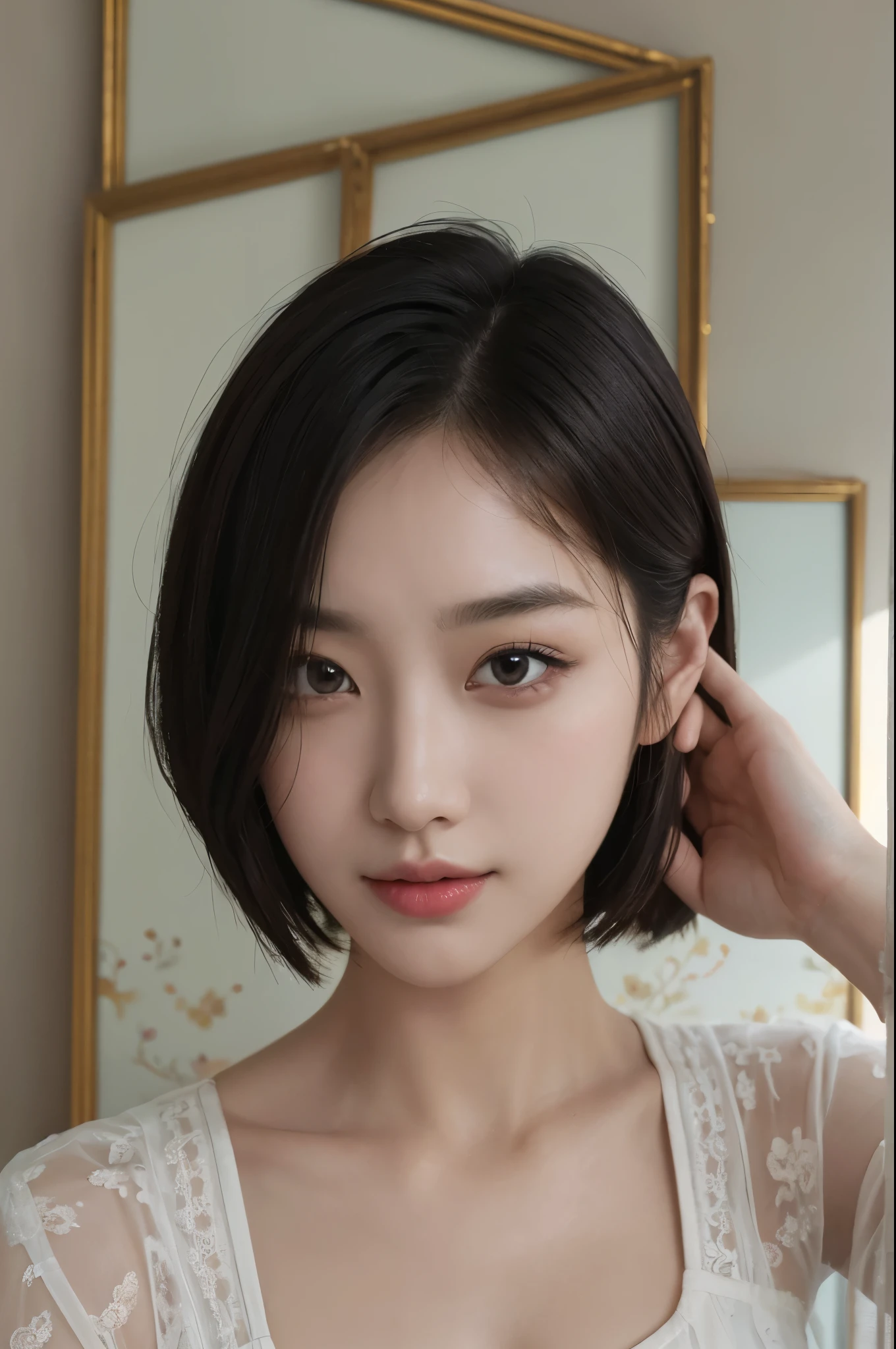 masterpiece、The highest image quality、hightquality、Beautuful Women、japanes、Popular Korean Makeup、detaileds、Swollen eyes、A detailed eye、Detailed skin、Beautiful skins、超A high resolution、(Reality:1.4)、very extremely beautiful、Slightly younger face、Beautiful skins、thin-waist、(A hyper-realistic)、(illustratio)、(hight resolution)、(8K)、(ighly detailed)(The best illustrations)、(beautifully detailed eyes)、(ultra-detailliert)、(wall-paper)、(Detailed face)、looking at the viewers、fine detailed、 A detailed face、pureerosfaceace_v1、a smile、Looking straight ahead、photos realistic、Bright lighting、profetional lighting、Colorful hair color、(((very_short_hair)))、brightly lit room、painterly、picture frame