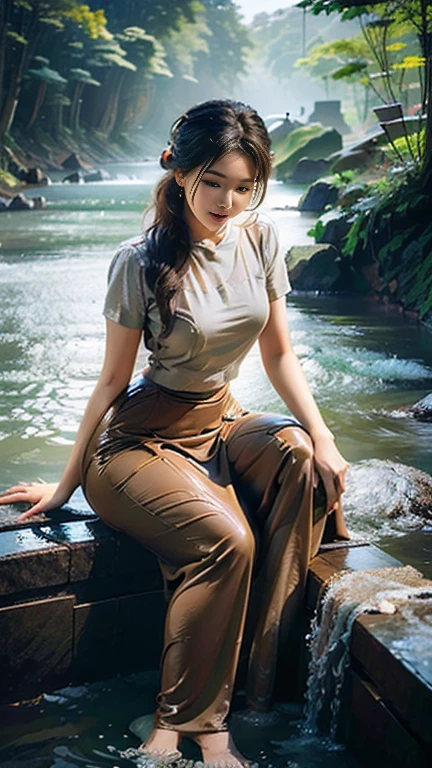 no upper floor;  A beautiful Burmese woman in a long skirt takes a relaxing bath by the river.  I took a shower and my whole body was wet. No top, but my breasts were covered with a long skirt