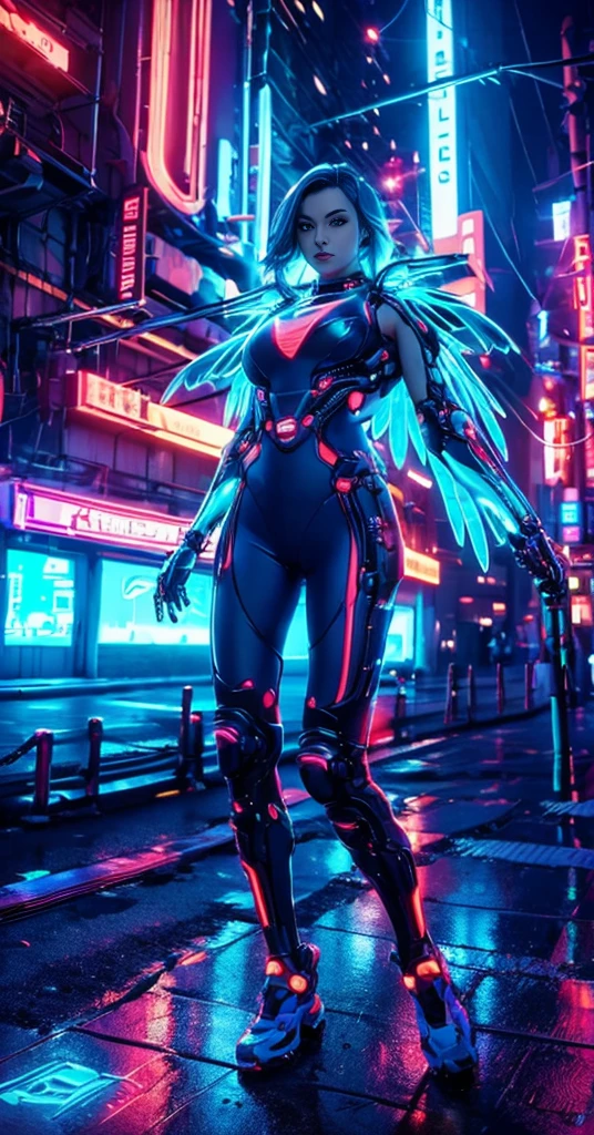 bikini of ,Girl in a swimsuit,dress up sexy,future techwear,Mechanical prosthesiechanical skeleton, natta, Abandoned cyberpunk city, Neon Billboard, Better image quality, Maximum clarity and clarity, Ultra-realistic realism, high detal, Afophialism,contrasts of light and shadow, cinmatic lighting, Ray Tracing, reflective light, denim lens, F/4.0 ,big with blue hair,Neon light , Retro-futuristic mechanic suit ,muscle woman ,Wings,Hair illuminated by blue light neon,Featured big breasts, orange neon suit,Swin Suit , Bikini Big Tits