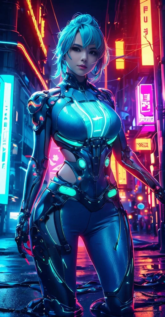 bikini of ,Girl in a swimsuit,dress up sexy,future techwear,Mechanical prosthesiechanical skeleton, natta, Abandoned cyberpunk city, Neon Billboard, Better image quality, Maximum clarity and clarity, Ultra-realistic realism, high detal, Afophialism,contrasts of light and shadow, cinmatic lighting, Ray Tracing, reflective light, denim lens, F/4.0 ,big with blue hair,Neon light , Retro-futuristic mechanic suit ,muscle woman ,Wings,Hair illuminated by blue light neon,Featured big breasts, orange neon suit,Swin Suit , Bikini Big Tits
