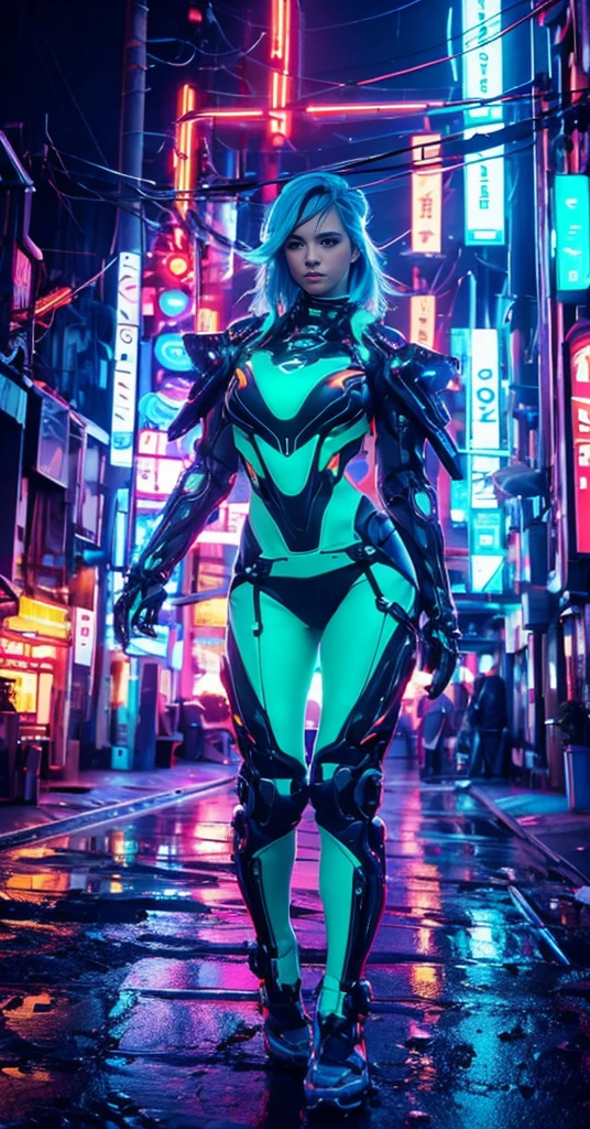 bikini of ,Girl in a swimsuit,dress up sexy,future techwear,Mechanical prosthesiechanical skeleton, natta, Abandoned cyberpunk city, Neon Billboard, Better image quality, Maximum clarity and clarity, Ultra-realistic realism, high detal, Afophialism,contrasts of light and shadow, cinmatic lighting, Ray Tracing, reflective light, denim lens, F/4.0 ,big with blue hair,Neon light , Retro-futuristic mechanic suit ,muscle woman ,Wings,Hair illuminated by blue light neon,Featured big breasts, orange neon suit,Swin Suit , Bikini Big Tits