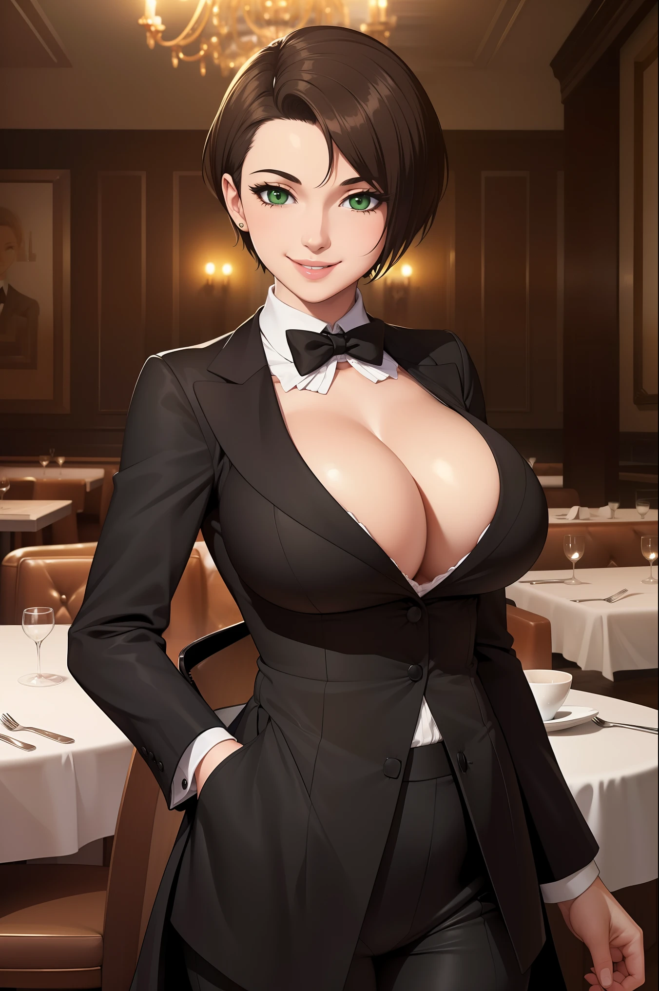 (masterpiece, best quality:1.4), illustration, 8k, hd, 1girl, solo, really_short_hair, brown_hair, butler clothes,  no underwear, black coat, green_eyes, cleavage, black trousers, butler, white butler, ((big breast, smile)), (restaurant, café)