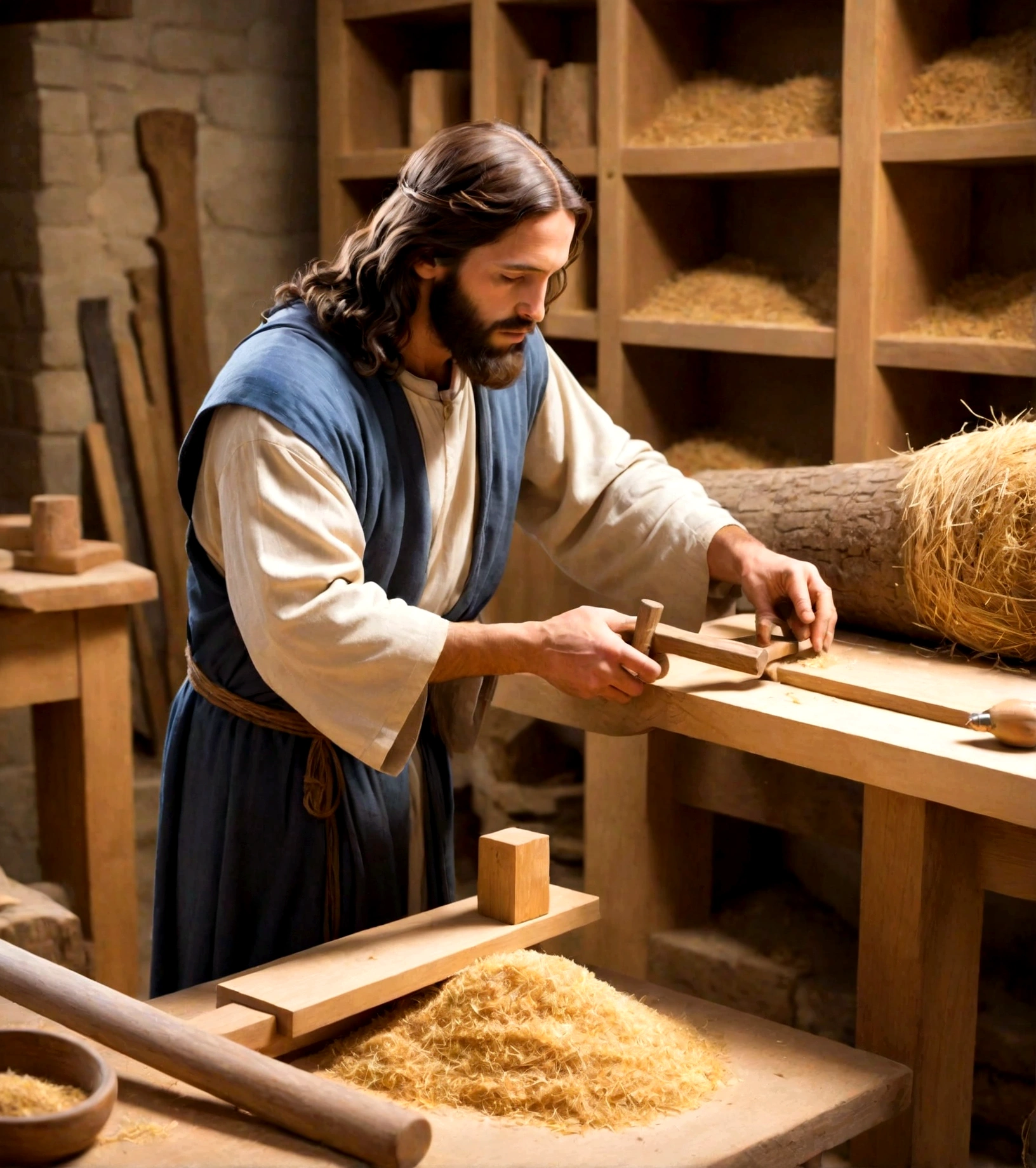 In the bustling town of Nazareth, Jesus could often be found in his workshop, surrounded by the comforting scent of wood shavings and the rhythmic sounds of hammering and sawing. As a carpenter, he was skilled in the craft of shaping and fashioning wood into useful and beautiful objects.
In his workshop, Jesus would have been focused and diligent, applying his expertise to each piece of wood with care and precision. Whether crafting furniture, tools, or other household items, he approached his work with a sense of craftsmanship and attention to detail.
As he worked, Jesus would have embodied qualities such as patience, perseverance, and creativity. He understood the importance of taking the time to carefully measure and cut each piece of wood, ensuring that it fit together perfectly to create a finished product that was both sturdy and well-crafted.
Beyond the physical act of carpentry, Jesus' work in the workshop would have provided him with opportunities for reflection and contemplation. As he fashioned wood into various forms, he may have pondered the deeper mysteries of life and faith, drawing inspiration from the natural world around him and the teachings of the prophets.
Through his work as a carpenter, Jesus exemplified the dignity and value of manual labor, affirming the importance of honest work and the inherent worth of every individual. His humble occupation served as a powerful reminder that God's presence can be found in the ordinary and mundane aspects of daily life, and that even the simplest tasks can be infused with meaning and purpose.