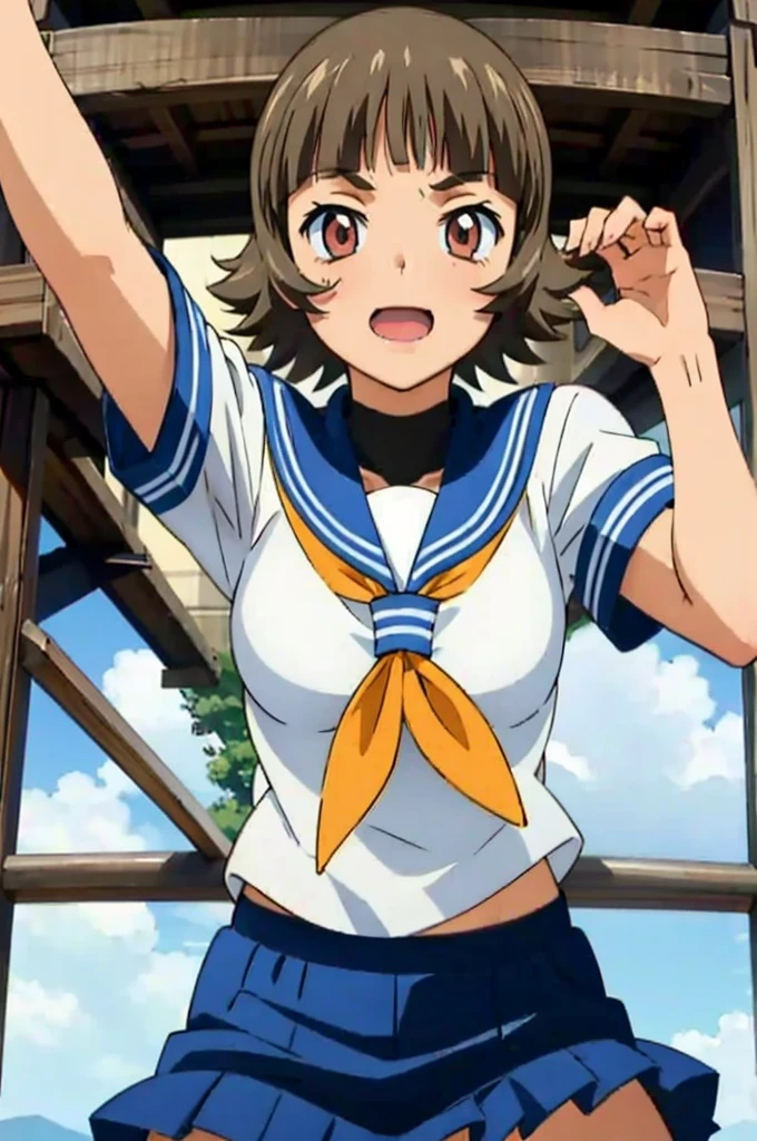One Girl, alone, whole body, blush, smile, I401KC, Brown Hair, Short ponytail, White shirt, Sleeveless, headgear, School Swimsuit, Sunburn, Sunburnlines, dark skin, Sailor shirt, Orange sailor collar,