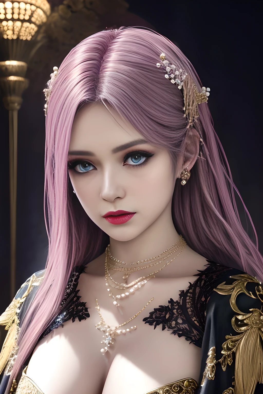 1girl, ice-crystal embellished dress, unclothed body, jewel, lace cloak, fluffs, pearl bodychain, beautiful detailed eyes, beautiful detailed lips, extremely detailed eyes and face, long eyelashes, best quality, 4k, 8k, highres, masterpiece, ultra-detailed, realistic, photorealistic, photo-realistic, ethereal glow, regal elegance, intricate details, luxurious, otherworldly beauty, dark atmospheric background, supernatural aura,  elise,