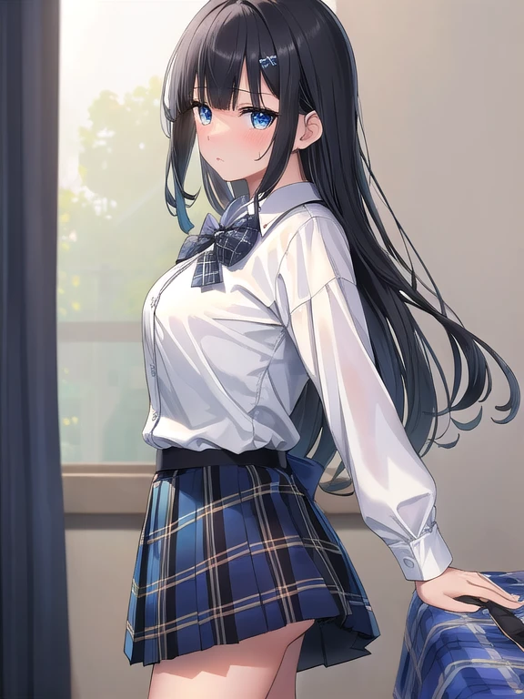 (masterpiece:1.3), (Absurd:1.3), (highest quality:1.3), The Hands of Guido Daniele, (Very detailed:1.3), (Best Shadow:0.7), (Processed Hair), One girl, alone, S1, aizawa ema, s old, (medium Breasts:1.0), (thick thighs:0.4), (black hair:1.4), Asymmetrical bangs, Blunt bangs, blue eyes, collared shirt, (white shirt:1.4), tight-fitting shirt, (blue bow:1.4), pleated skirt, (blue plaid skirt:1.4), no bra, (nipple shape:1.0), (white panties:0.4), (black socks:1.4), cute face, panic face, (embarrassed:1.0), in the bed room, beside the bed, standing up, (from side:1.6),