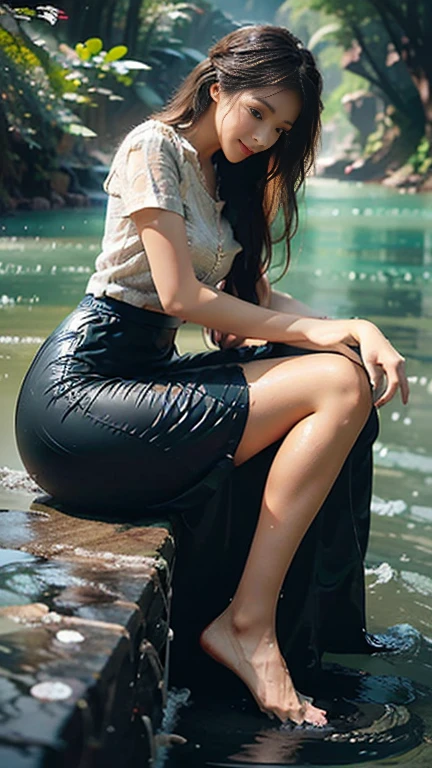 no upper floor;  A beautiful Burmese woman in a long skirt takes a relaxing bath by the river.  I took a shower and my whole body was wet. No top, but my breasts were covered with a long skirt