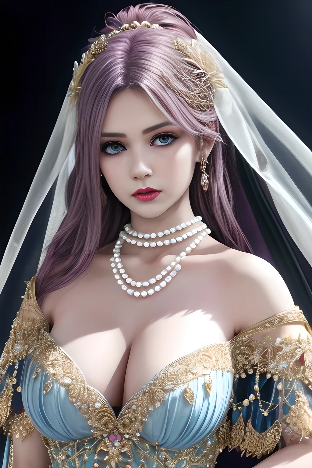 1girl, ice-crystal embellished dress, unclothed body, jewel, lace cloak, fluffs, pearl bodychain, beautiful detailed eyes, beautiful detailed lips, extremely detailed eyes and face, long eyelashes, best quality, 4k, 8k, highres, masterpiece, ultra-detailed, realistic, photorealistic, photo-realistic, ethereal glow, regal elegance, intricate details, luxurious, otherworldly beauty, dark atmospheric background, supernatural aura,  elise,