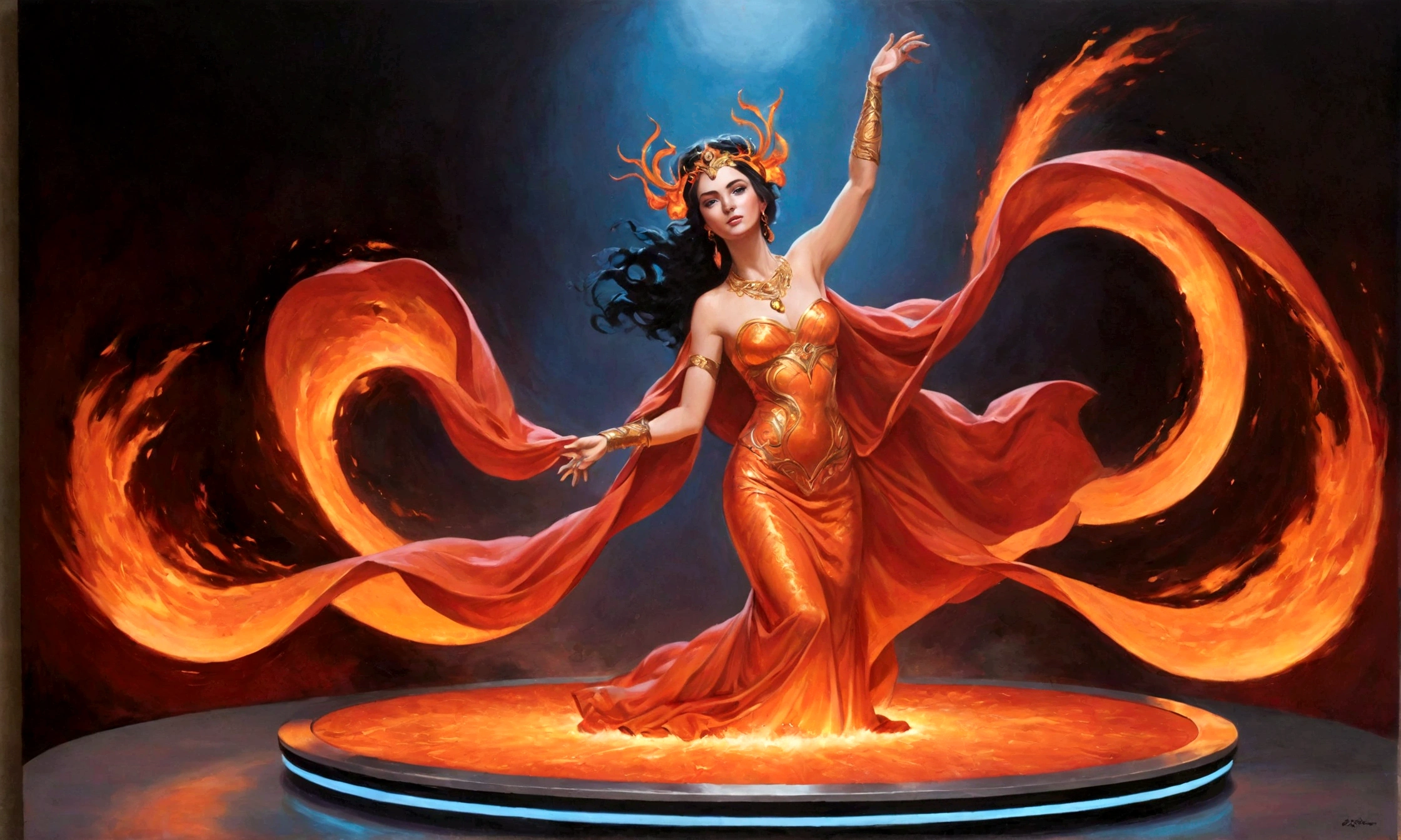 Uma lava lindamente esculpida e poderosa,, depiction of a woman in m named Blueovimento captures the essence of a Renaissance masterpiece. Usando fones de ouvido, levantando o punho, piscando, Let's go! , Idol, fofo, sorridente, punch in the stomach, futuristic full body coordination, attracting audience, agitation, energetic, dynamic position, studio a bright DJ electronic music table, poster type scene, high tension rhythm, eyes The flowing robes and dynamic pose suggest grace and vigor frozen as a team. Esta escultura deslumbrante, possivelmente uma escultura de lava, Exudes elegance and strength, with intricate details that demonstrate the artist's skill and vision. The mix of classic beauty and fiery intensity makes this piece a true work of art..