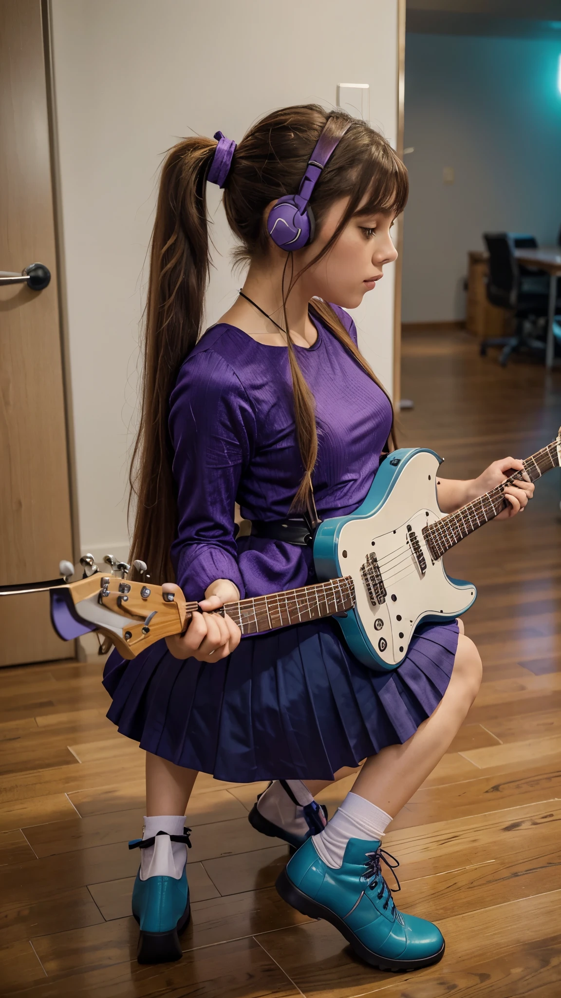 ((masterpiece, best quality))1girl, solo, fashion purple dress modern future, electric guitar, headphones, ponytail, holding, holding plectrum, instrument, very long brown hair, music, one side up, teal hair, twin tails, playing guiter, pleated long skirt fashion, fashion dress modern purple and white, interior, full body, purple, sit down, walking, jumping, beautiful boot modern