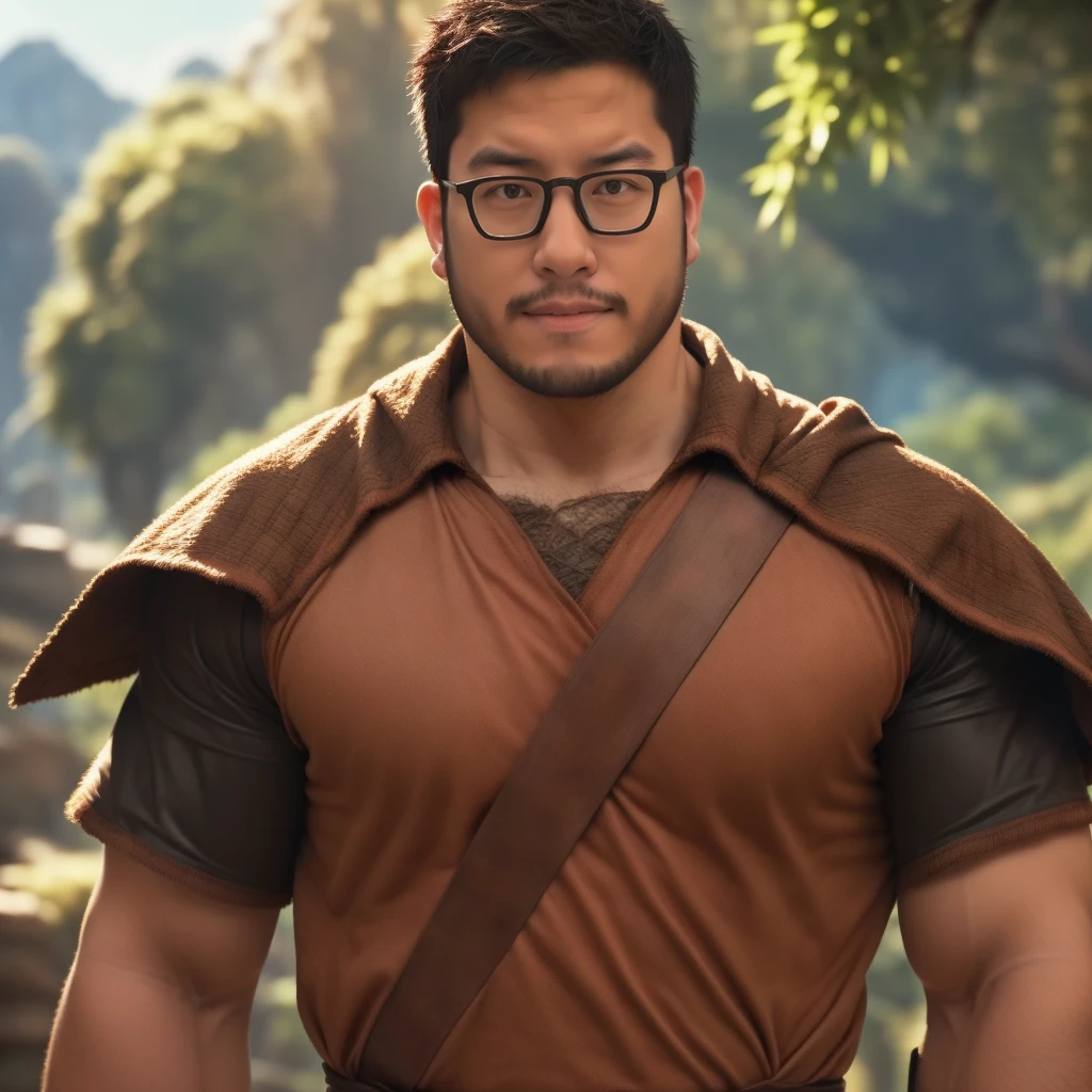 An award-winning original photo，a handsome 38-year-old man, crew cut, (((full body))), (((landscape))), mature man, [slightly fat], asian man, rounded face, brown eyes, ((rounded face)), glasses, fair skin tone, light skin tone, balding, 1boy, Solo, (big shoulders), musculature, (((stubbles, Short beard))), (Beautiful eyes:1.3), (Detailed face:1.3), wearing glasses, Dynamic Angle, volumetric lighting, (Best quality, A high resolution, Photorealistic), Cinematic lighting, Masterpiece, RAW photo, Intricate details, (extremely detailed 8k wallpaper), masterpiece 16k photo, sword man, fantasy sword man,