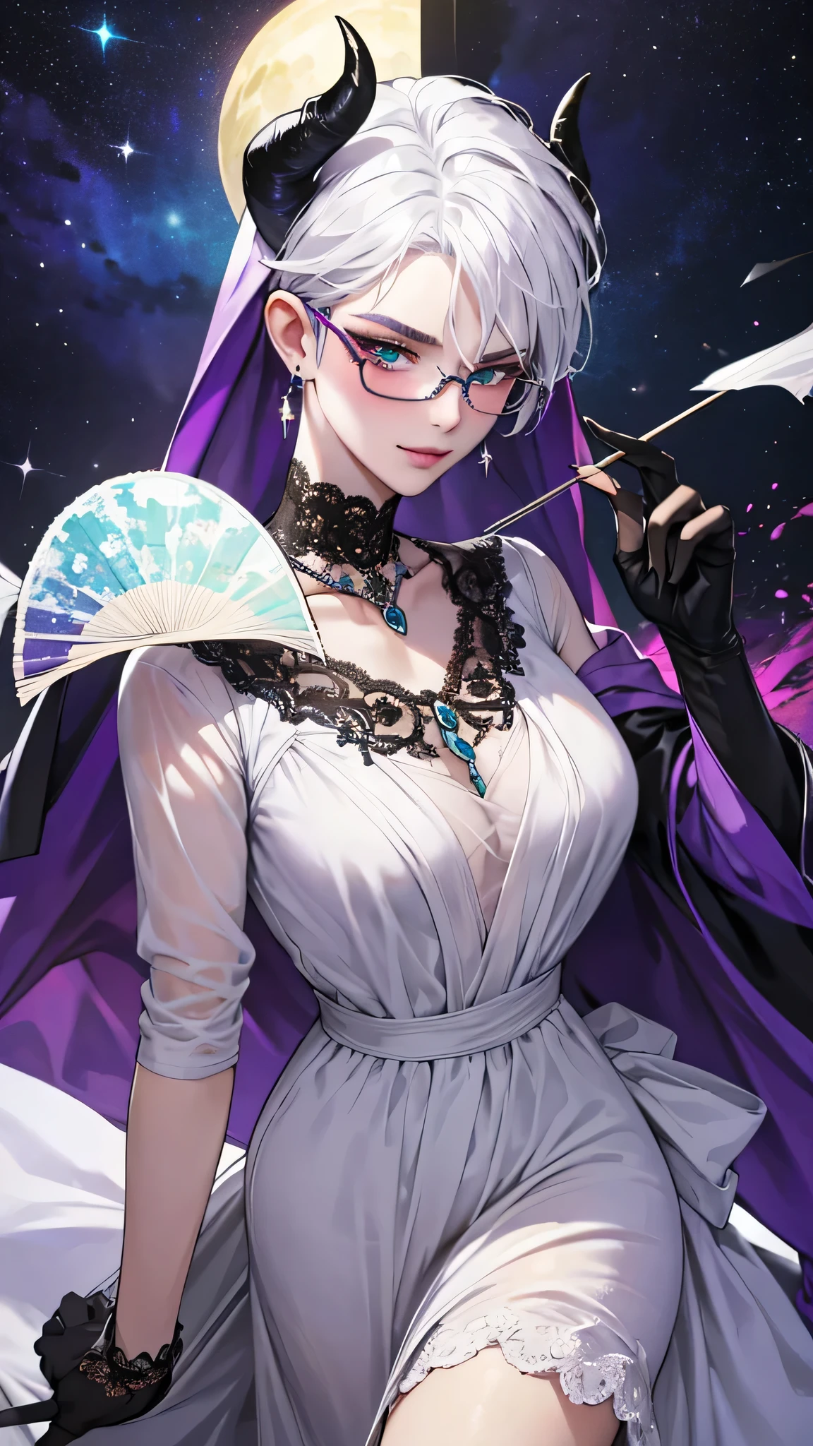 8k, masterpiece, best quality, highly detailed, 1 girl, tiefling, warlock, multicolored hair, very short straight hair green highlight hair on white hair, strippled hair, wearing glasses, round glasses, earrings, long dress with side cut, lace dress, red eyeshadow, long eyelashes, blushed cheek, necklace, collarbone, high heels, mole, glamorous, purple and teal clothing, villainy, smirk, seductive face, close up view, rings, looking at viewer, standing, demon horns, solo, starry night, full blue moon, hand touching cheek, chruch, black lace gloves, holding fan, saint robe, wearing veils.