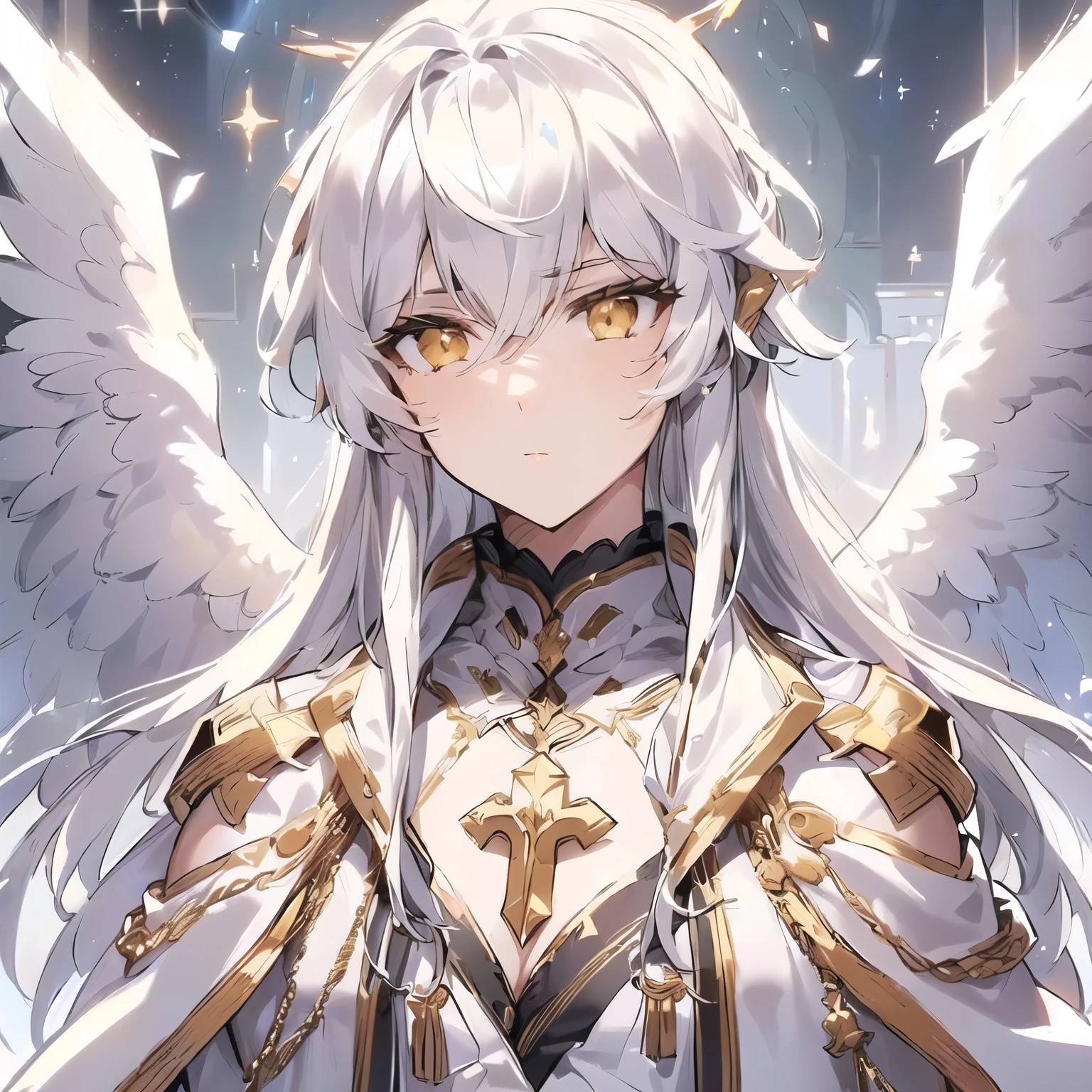 female, 25 years old, silver armor with gold accents, long hair completely white, golden eyes, serious face, two white angelic wings, halberd on the back, beautfful, muscular, first person viewn, fullbody resolution, background Sky without stars or rays, dark background, without clouds, woman
