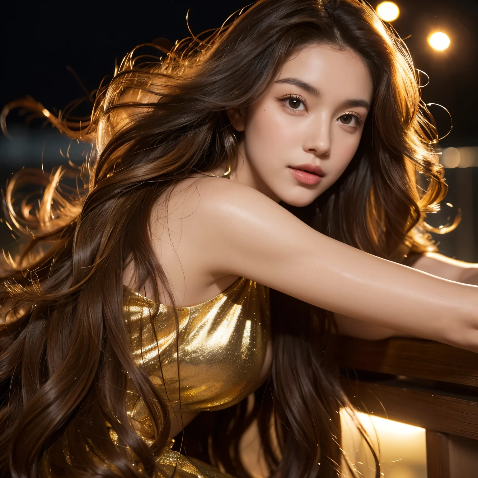 Close-up, looking straight at the camera, Woman with long wavy, curly, flowing brown, hair, Wearing a lot of gold bracelets, noble, , posing at night, with backlight