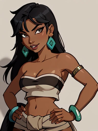 1girl,solo,loincloth,bandeau,chel \(the road to el dorado\),dark-skinned female, goth themed, goth style, reflective skin, black hair, long hair, black eyeshadow, black lipstick, piercing, (Wearing: black tube top, black loincloth, black bracelet's and black earrings:1.2), collarbone, bare shoulders, medium breasts, cleavage, midriff, wide hips, upper body, hands on hips, looking at viewer, she's looking at the camera with a flirtatious smile