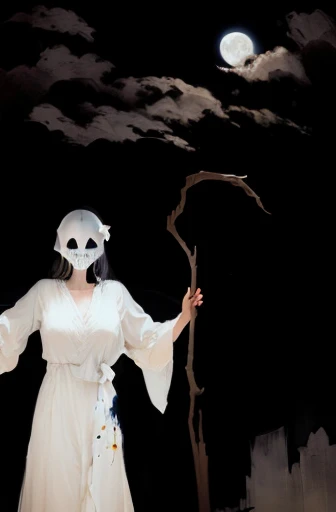 painting of a woman in white dress holding a stick and a full moon, inspired by Johann Kaspar Füssli, ghostly figure, shadowy and eerie character, eerie person, an expressive digital painting, inspired by Johann Caspar Füssli, inspired by Fu Baoshi, scp-049, inspired by Helene Schjerfbeck
