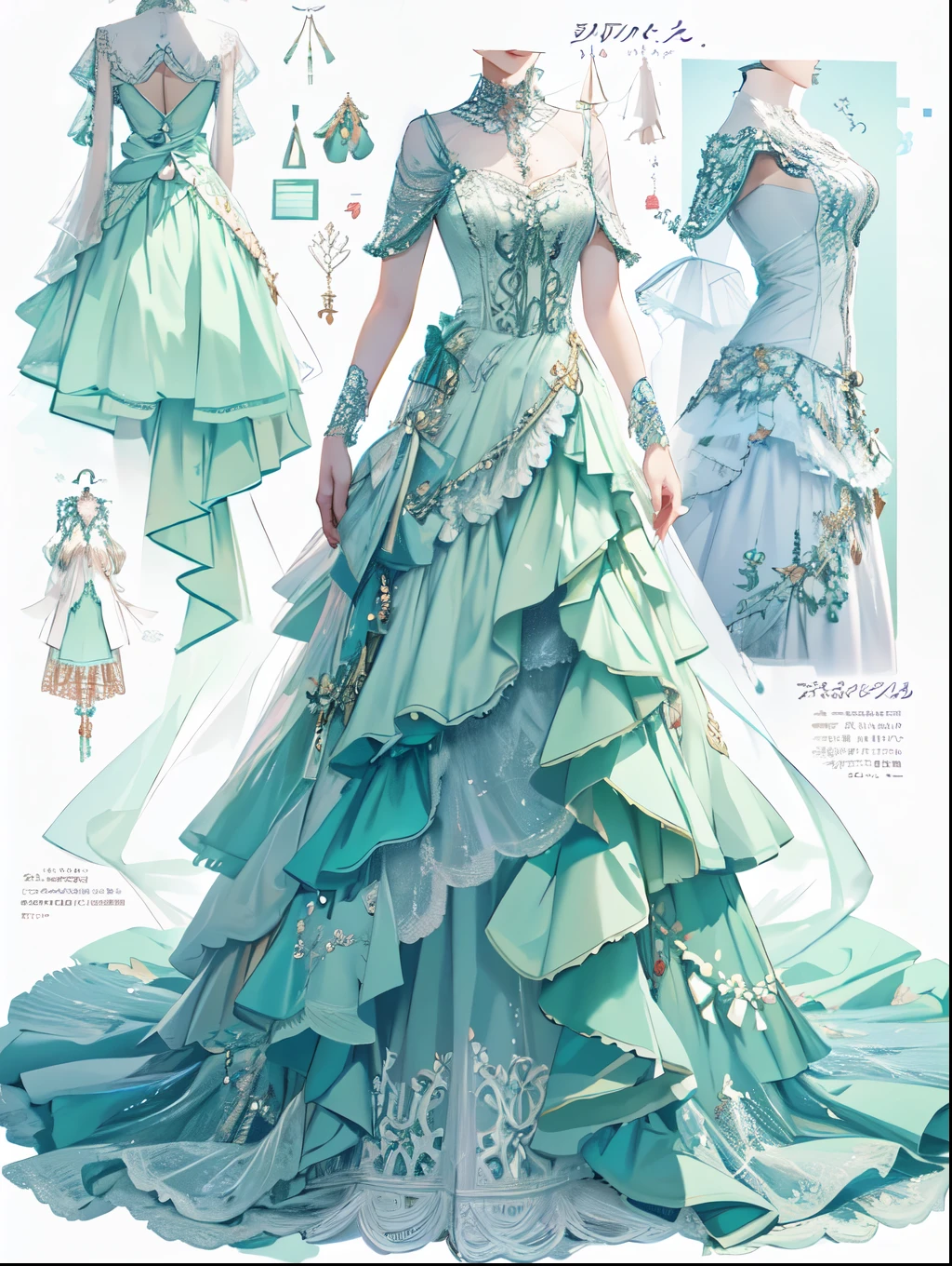 Mastepiece、Best Quality、Perfect lighting、Very detailed、8k、wallpaper、Information Sheet、Model Sheet、Simple white background、(Dress only photo)、((clothes sheet:1.5))、(Multiple Perspectives, [whole body_From behind_From the side_from the front_feet_Upper Body]:1)、Long dress、Lots of frills、Reference Art、Reference Sheet、Multiple Views