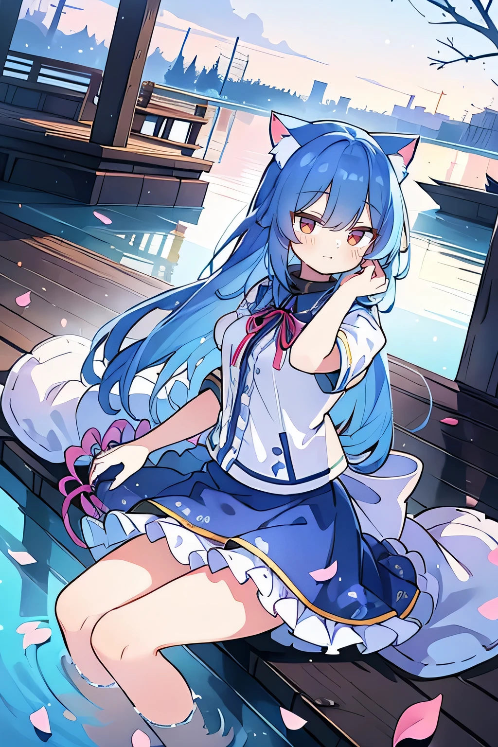 （masterpiece：1.2），Super detailed，lifelike，Expressive eyes，fair skin，perfect face shape，1 girl，
Japanese comics,Gorgeous blue hair,flowing blue hair,flowing clothes,Cat ears,Petals fall,beautiful lola,Baby Angel,
Shaking head with one hand，Cross your legs，Gentle and peaceful background，The pavilion is cool and comfortable,smile, wearing hoodie, background of tokyo,back views,snowing, winter,lie on the water.
