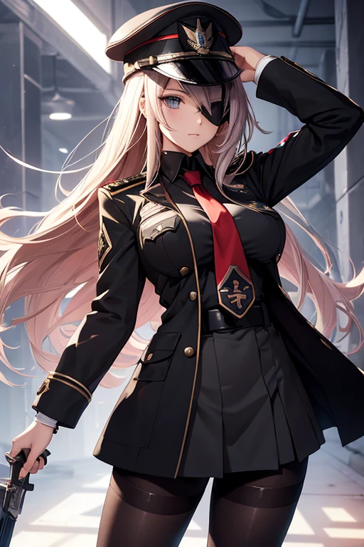 artistic,anime,portraits,high-res,vivid colors,woman,teenager,templars, modern templar military uniform with tie, military blouse, black pantyhose tights, wearing a metallic mask that covers her eyes only, wearing a military hat, neatly dressed, professional pose, long hair