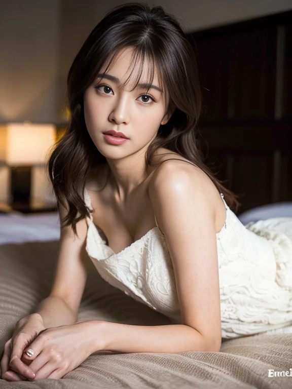 Dark brown hair、Light brown eyes、Japanese actress、 Lady、I am about 40 years old.....、(Intricate details:1.2)、(Which is the top?????:1.4)、 (Ultra-high resolution:1.2)、Ultra-high resolution、(Finely tuned)、(Detailed facial features)、Hmph、8K resolution、Updo、Long Hair、On the bed、On all fours、Looking back on this、Full body photo、With your knees up on the bed、Loose dress、white、Camisole dress、