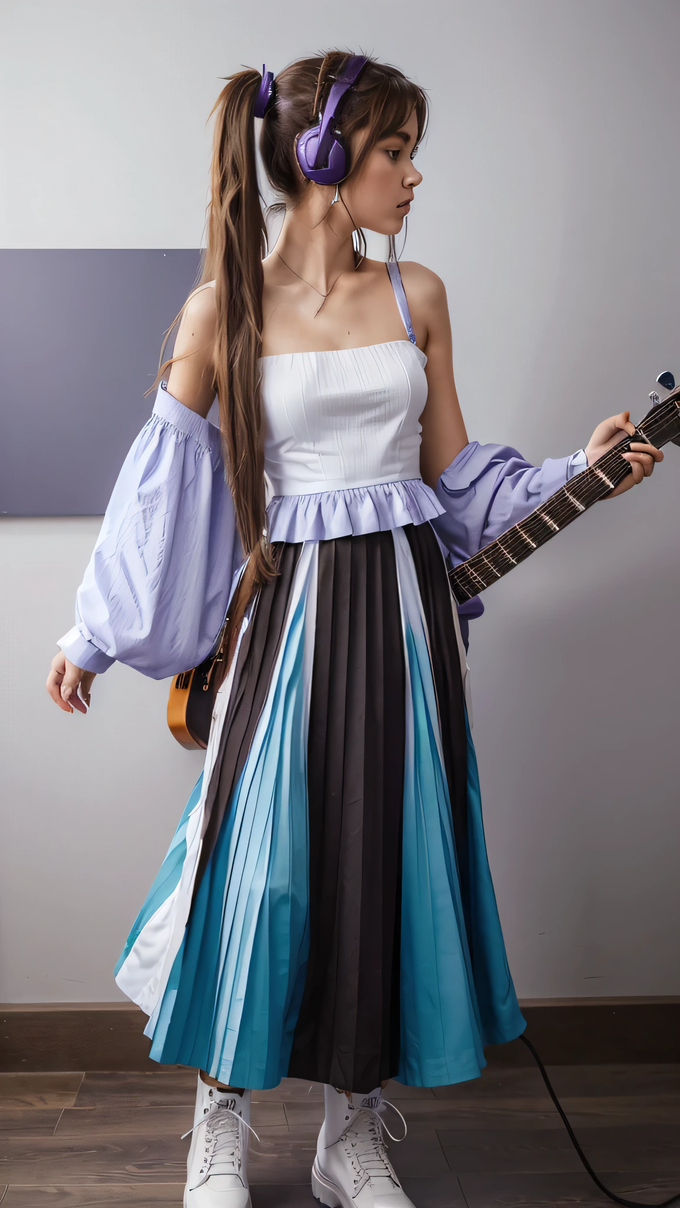 ((masterpiece, best quality))1girl, solo, fashion purple dress modern future, electric guitar, headphones, ponytail, holding, holding plectrum, instrument, very long brown hair, music, one side up, teal hair, twin tails, playing guiter, pleated long skirt fashion, fashion dress modern purple and white, interior, full body,,, beautiful boot modern