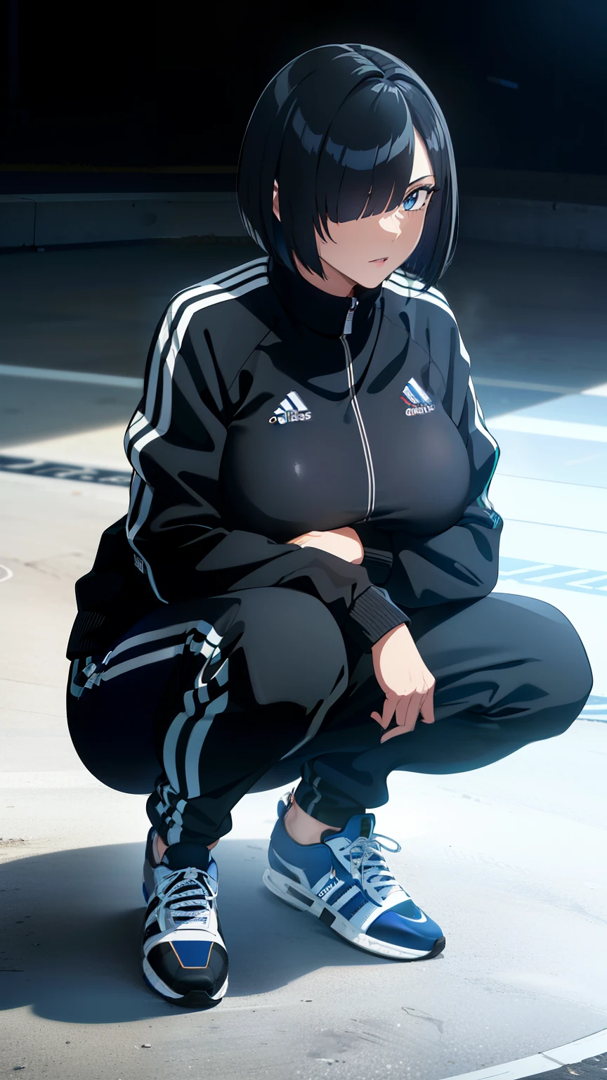 (best quality:1.5, highres, UHD, 4K, detailed eyes, detailed lighting, detailed hair, shaders), black hair, bob cut, hair covering one eye, cool woman, cool girl, sharp eyes, blue eyes, beautiful, large breasts, (tracksuit black adidas), (squatting position), (full body)