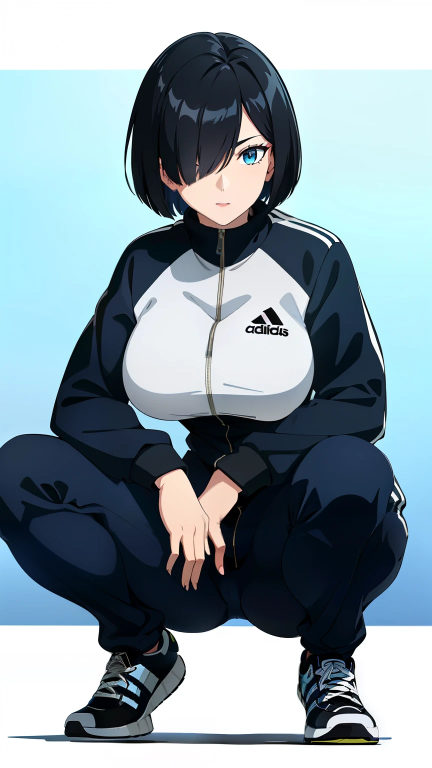 (best quality:1.5, highres, UHD, 4K, detailed eyes, detailed lighting, detailed hair, shaders), black hair, bob cut, hair covering one eye, cool woman, cool girl, sharp eyes, blue eyes, beautiful, large breasts, (tracksuit black adidas), (squatting position), (full body)