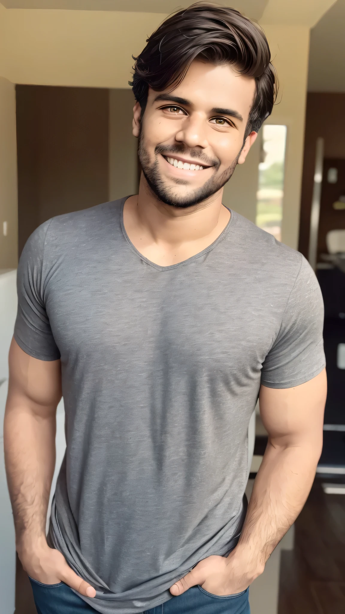 Realistic photo of a handsome 28-year-old man with a round, cinematic-looking face, sunny day, light, smiling, pleased, smile on his face, medium length dark tousled hair, in summer grey T-shirt, confident, arrogant, UHD, masterpiece, anatomically correct, super detail, high details, high quality, best quality, full-length photo, looking at the camera