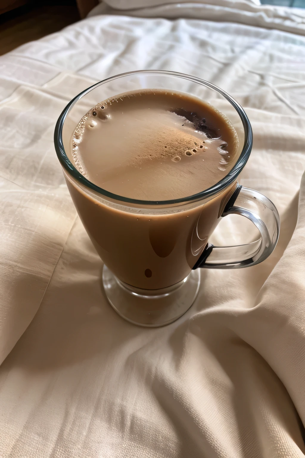 A top to bottom close-up view of In a bedsheet there is a morning chai drink ☕ placed
