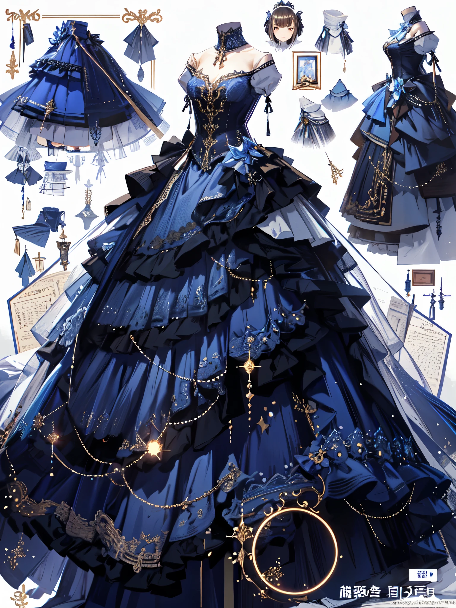 Mastepiece、Best Quality、Perfect lighting、Very detailed、8k、wallpaper、Information Sheet、Model Sheet、Simple white background、(Dress only photo)、((clothes sheet:1.5))、(Multiple Perspectives, [whole body_From behind_From the side_from the front_feet_Upper Body]:1)、Long dress、Lots of frills、Reference Art、Reference Sheet、Multiple Views