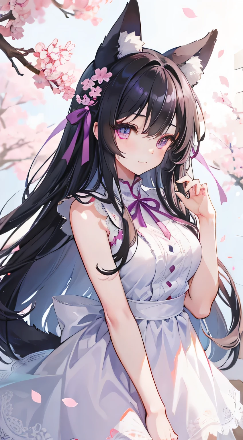 score_9,score_8_up,score_7_up,source_anime,cowboy shot,Idealized Forms,Natural Light,details background,blurry background,extremely detailed,HayaseYuuka((bulearchive),(blush),purple hair,long hair,ponytail,two side up,parted bangs,blue eyes,purple eyes,(black)mechanical_halo,(white)china dress,See-through,
