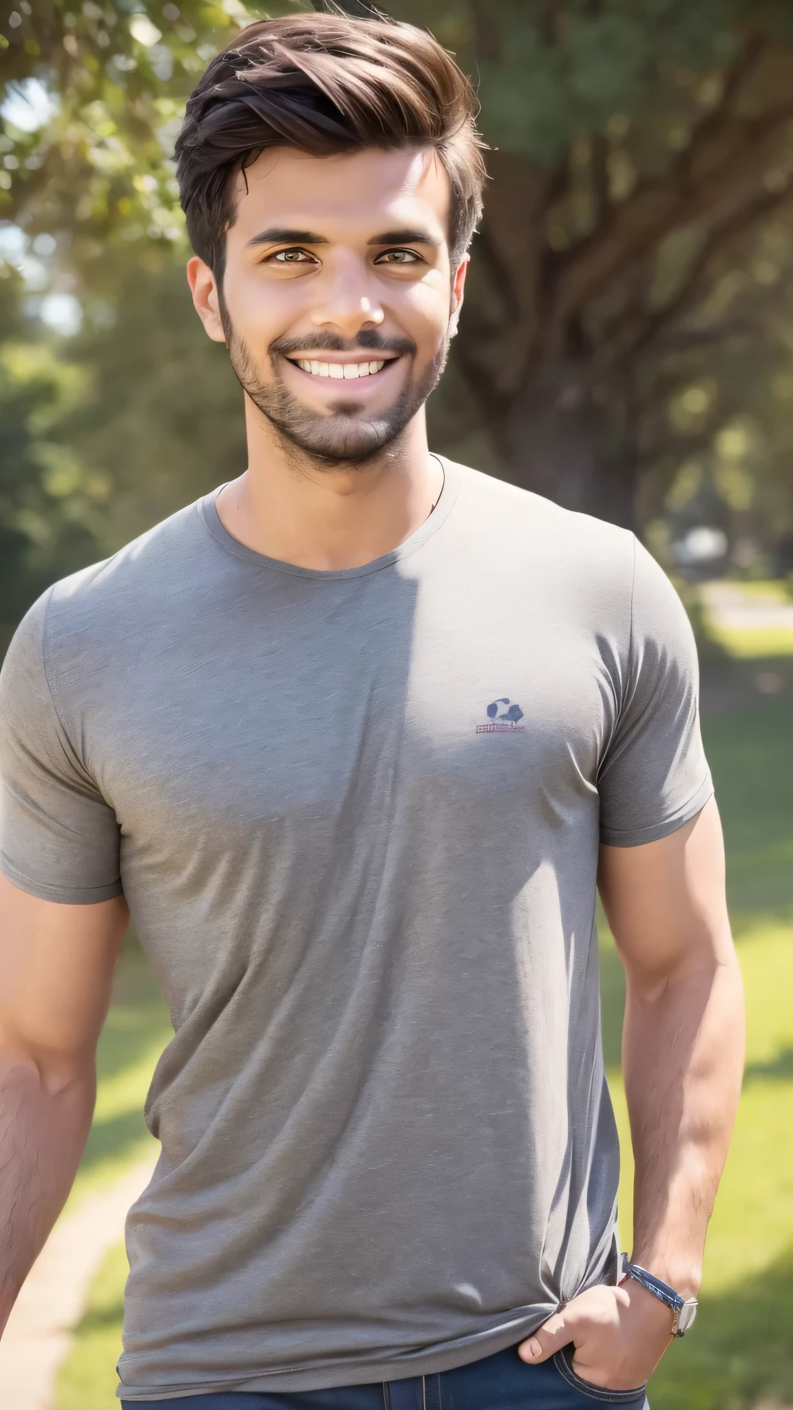 Realistic photo of a handsome 28-year-old man with a round, cinematic-looking face, sunny day, light, smiling, pleased, smile on his face, medium length dark tousled hair, in summer grey T-shirt, confident, arrogant, UHD, masterpiece, anatomically correct, super detail, high details, high quality, best quality, full-length photo, looking at the camera