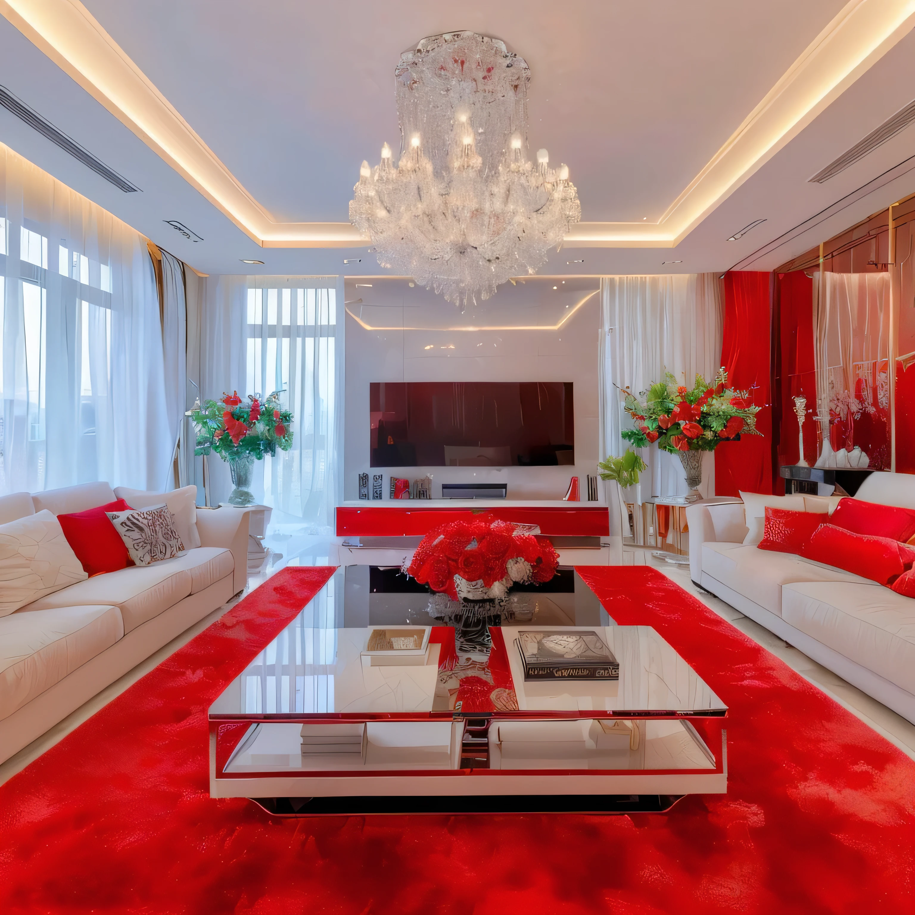 arafed living room with red carpet and white furniture, luxurious environment, white and red color scheme, some red accents, red accents, acclaimed masterpiece, luxurious indoor setting, red white and gold color scheme, red and white color scheme, dominating red color, red and white color theme, extremely opulent, fancy apartment, red room, accents of red