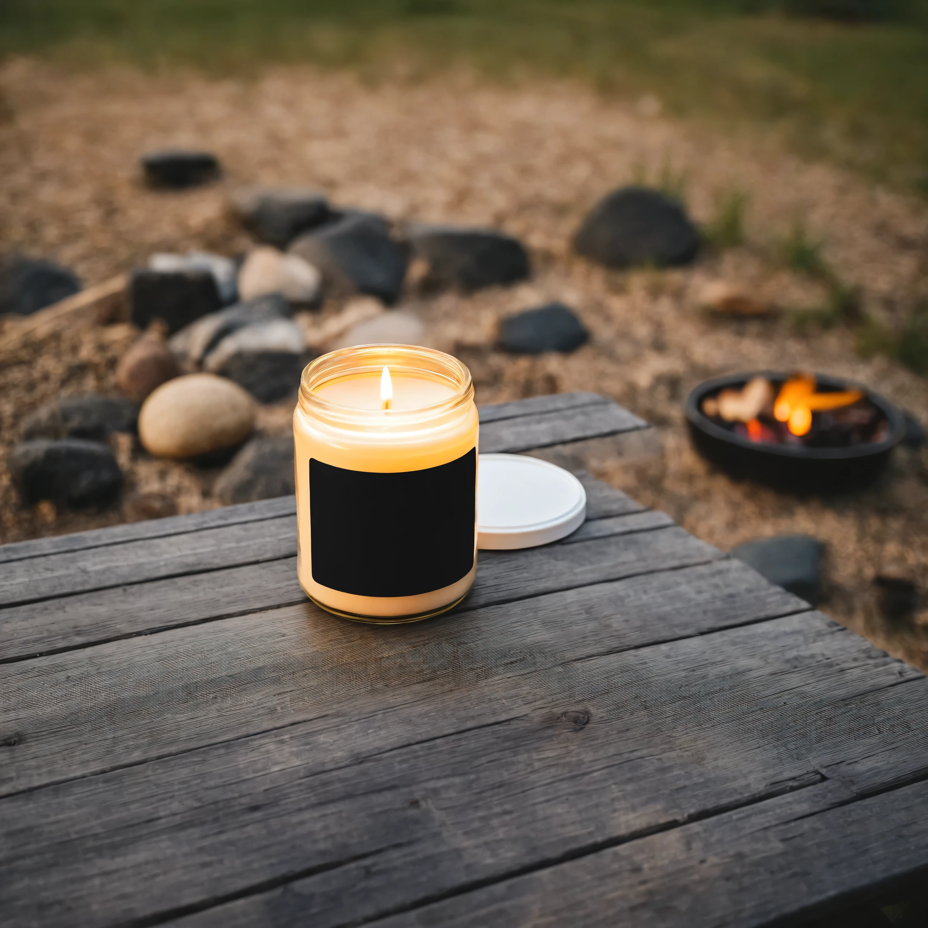 Mockup empty, a blank small beige candle in a jar with white label and black lid standing on a picknic table with outdoor camping in the background, evening, atmospheric lighting