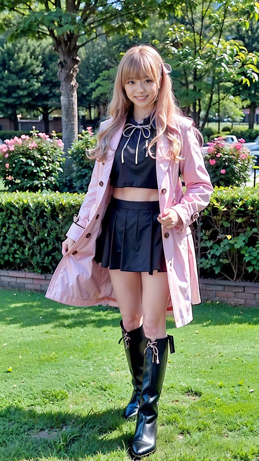 (8k、RAW Photos、highest quality、masterpiece:1.2)、(Realistic、Realistic)、1 girl、((Pink Coat、Blonde、Black Mini Skirt、Ribbon on chest、boots、Big Breasts、smile、whole body、garden、View from the front、Looking into the camera、Standing with one hand on one hip))、