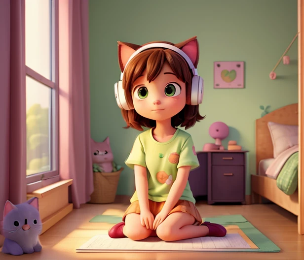 Girl sitting doing her homework in her room with headphones on softly, or a cat resting on the windowsill.A soft and fuzzy art style, with a lo-fi filter that imitates the Lofi aesthetic, as a slightly faded or grainy illustration.Una paleta de colores pastel y tonos apagados, with emphasis on browns, soft oranges and greens to create a feeling of calm and comfort.