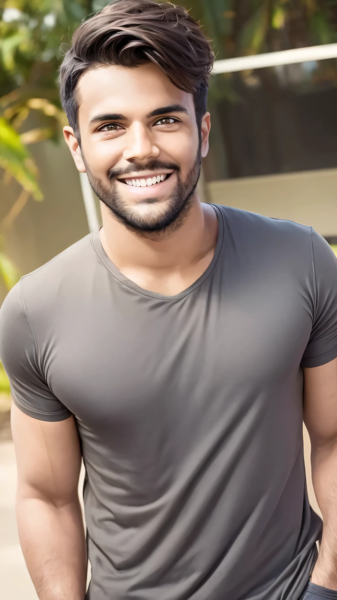 Realistic photo of a handsome 28-year-old man with a round, cinematic-looking face, sunny day, light, smiling, pleased, smile on his face, medium length dark tousled hair, in summer grey T-shirt, confident, arrogant, UHD, masterpiece, anatomically correct, super detail, high details, high quality, best quality, full-length photo, looking at the camera