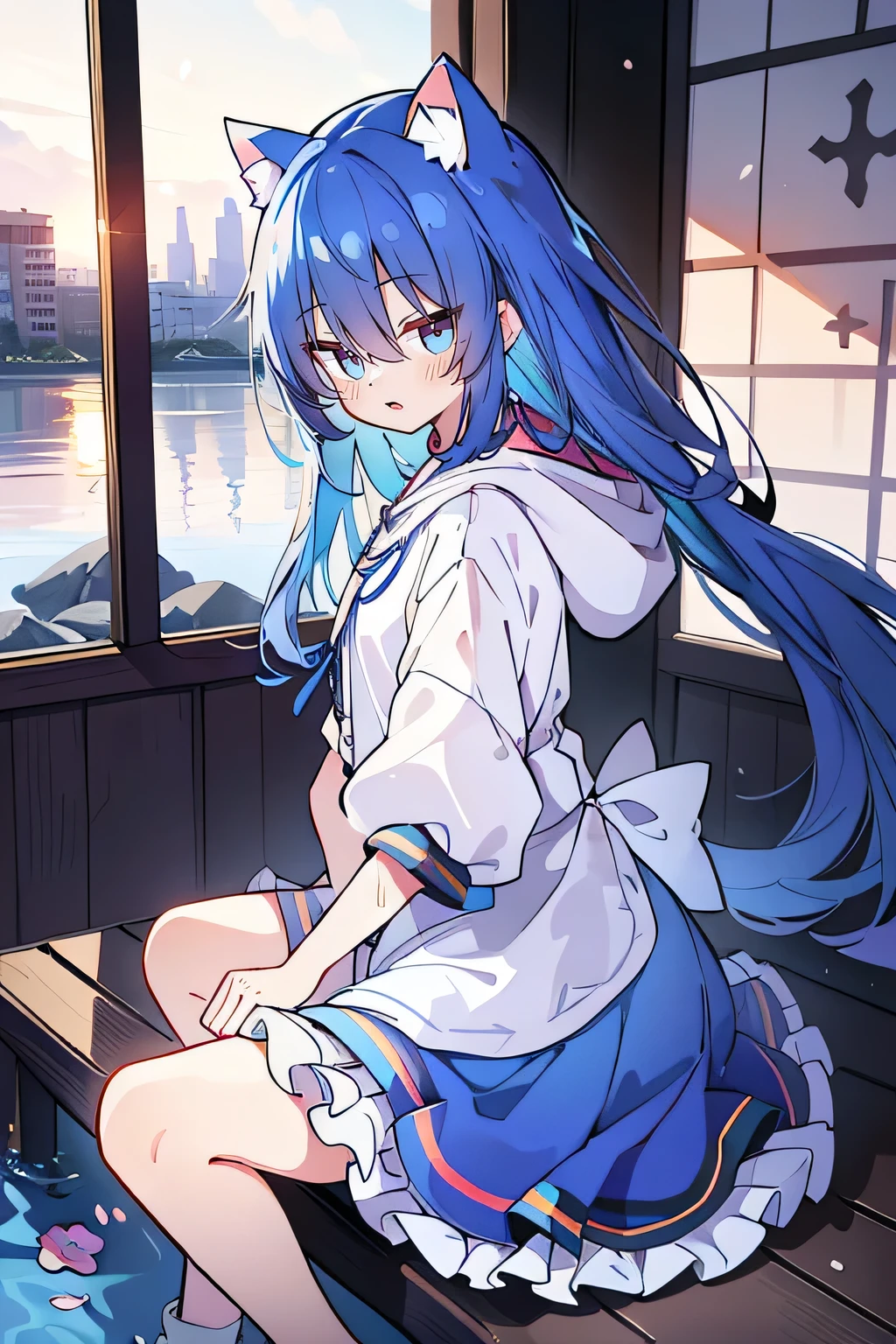 （masterpiece：1.2），Super detailed，lifelike，Expressive eyes，fair skin，perfect face shape，1 girl，
Japanese comics,Gorgeous blue hair,flowing blue hair,flowing clothes,Cat ears,Petals fall,beautiful lola,Baby Angel,sunrise,
Shaking head with one hand，Cross your legs，Gentle and peaceful background，The pavilion is cool and comfortable,smile, wearing hoodie, background of tokyo,back views,snowing, winter，seaside，wet clothes，A smile，A faint smile，。