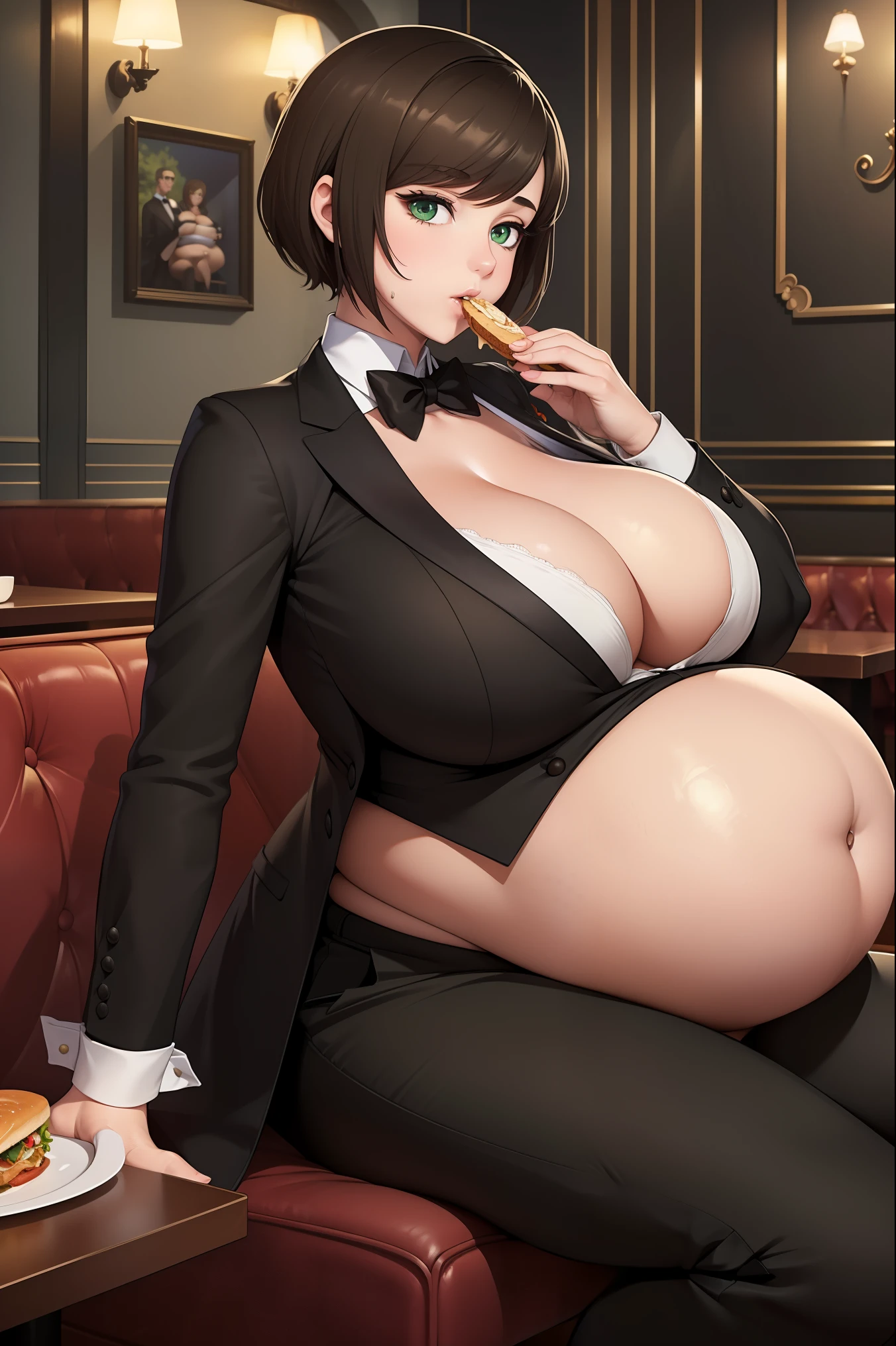 (masterpiece, best quality:1.4), illustration, 8k, hd, 1girl, solo, really_short_hair, brown_hair, butler clothes, no underwear, black coat, green_eyes, cleavage, black trousers, butler, white butler, ((big breast, big belly, massive belly, eating)), (restaurant, café)