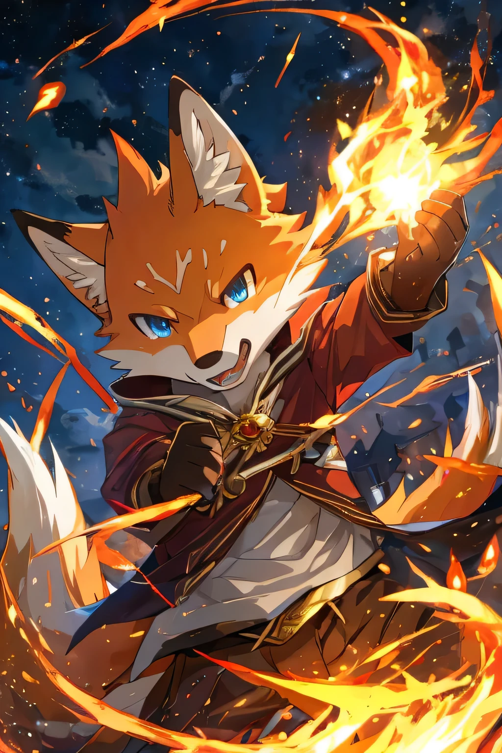 Dark sky、Cemetery、（Flame）、（Anthropomorphic Fox）、（Delicate hands）、（particle）、masterpiece、（Role：Nine-Tailed Fox）、magic、Fierce Battle、high quality、Light blue eyes、anger