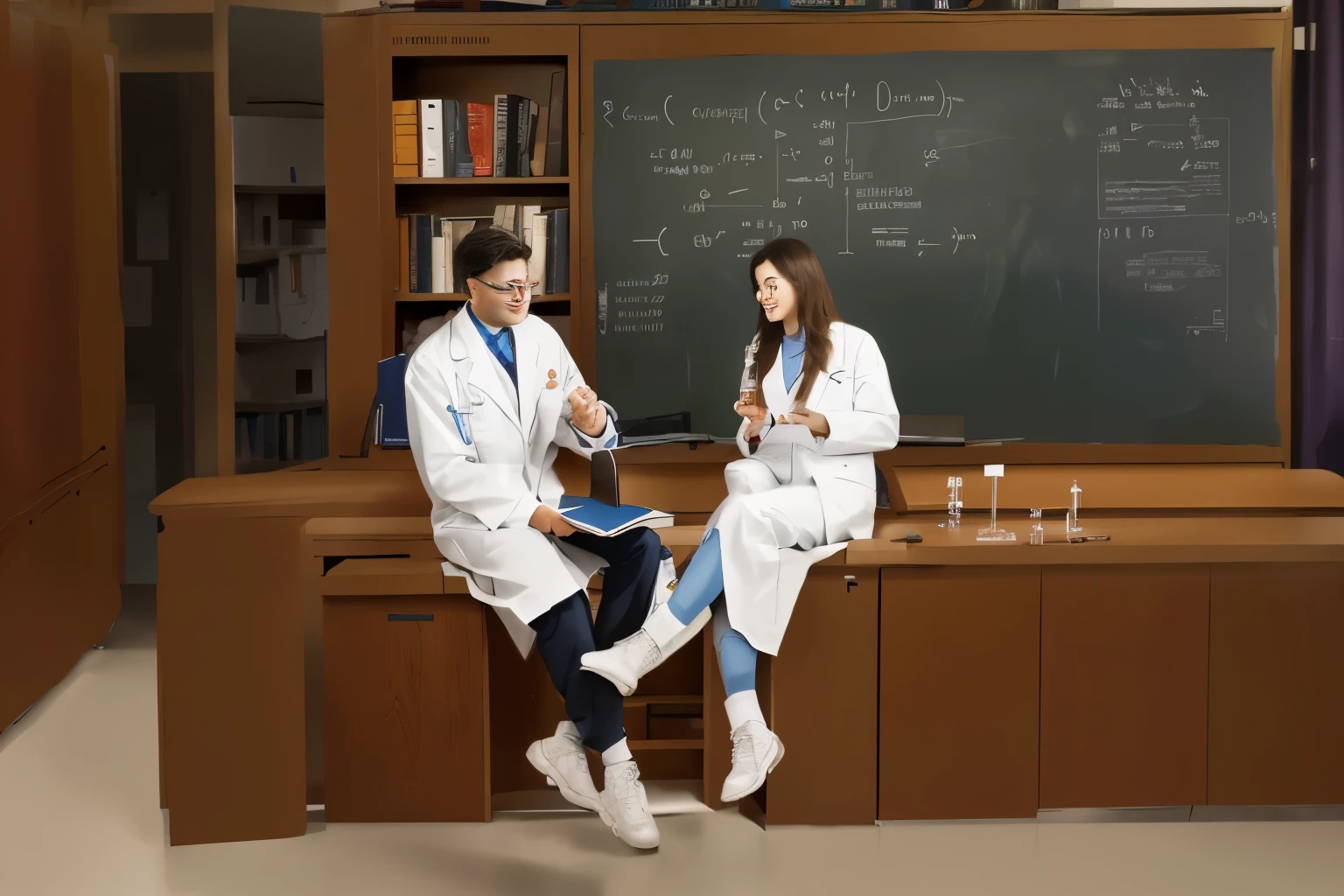 scientists in white coats sit on a high bedside table, there are chemical reagents and flasks nearby, behind the people there is a board with formulas, bookshelf