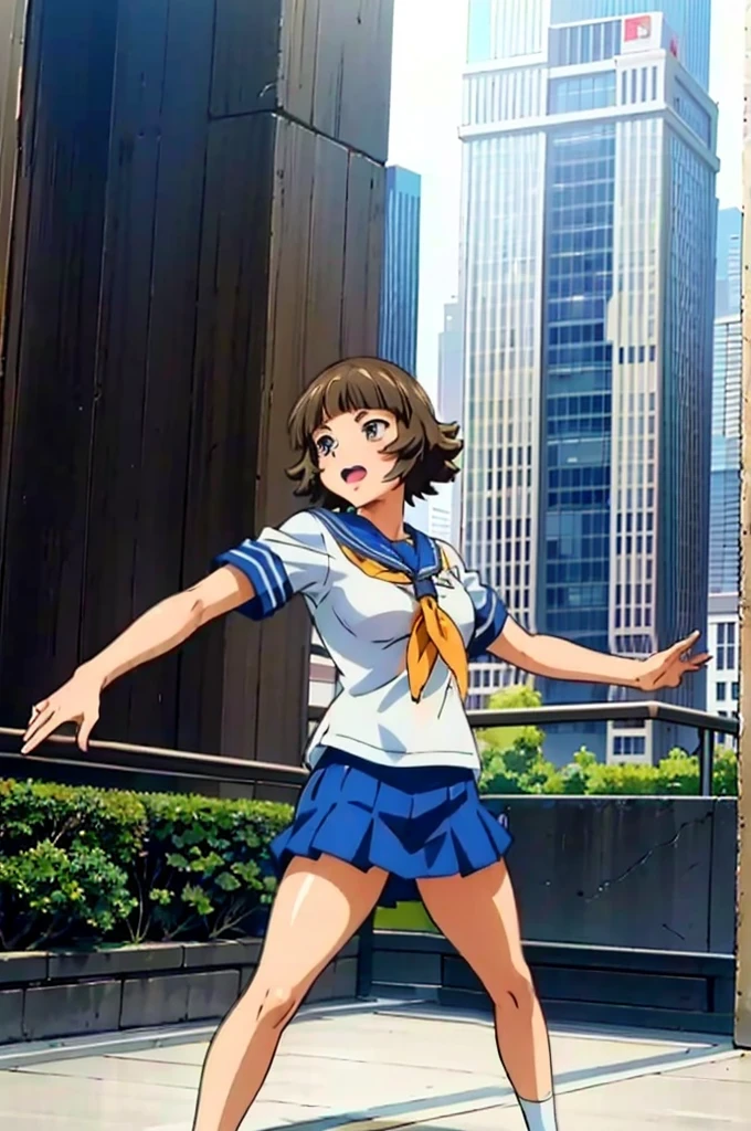 (masterpiece:1.3),(highest quality:1.4),(Super detailed:1.5),8K,High resolution,an extremely delicate and beautiful,Official Art,Perfect Anatomy,(anime_screencap:1.11),(90s Anime,90s Anime style,Cel-shaded anime:1.17),
anime coloring,detailed face and eyes, (solo:1.5),(anmnr:1.1),((ekitokuwz:1.52)),(school uniform:1.3),serafuku,short brown hair, pleated skirt, blue skirt, brown eyes, yellow neckerchief, short sleeves, japanese architecture,
Calm tone, Calm colors, Soft cinematic light, Adobe Lightroom, Photo Lab, High resolution, Complex and highly detailed, (((Depth of written boundary))))). (((masterpiece))). (((highest quality))).) ((Super detailed))). (((figure))). (((outside))). (((Combat Stance))).,((((Gigantic))).Dynamic Focus.Small breasts. (((skyscraper))). (((Cityscape))). (((Face of joy))). Open your mouth.