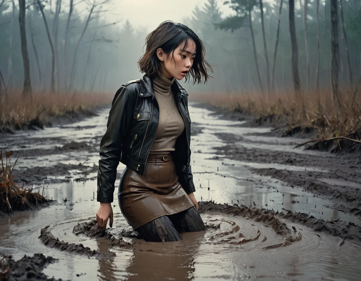 8k, ultra-detailed, documentary drama photo, grainy film photo, side view, masterpiece,muted colors, muffled light, dusk, rainy, moody, adrenaline, gloomy orgasm, woman drowning in forest mud bog, shame expression, stockings, pencil skirt, faded light turtleneck, faded leather jacket,messy brunette hair,asian:0.5,muddy,