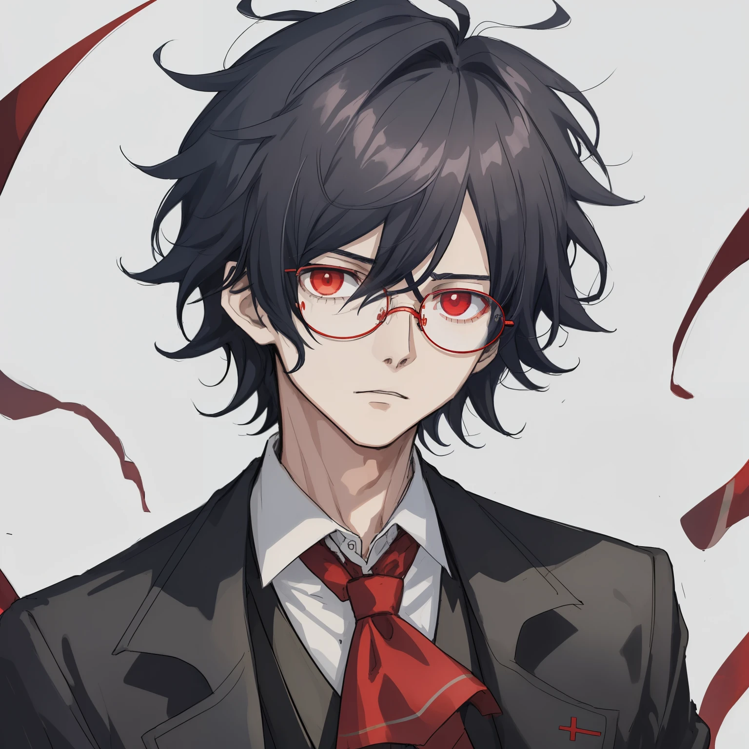 1boy, anime, unkempt_short_wavy_hair, black_hair, navy_blue_long_coat, red_waistcoat, black_ascot_tie, red_eyes, white_background, black_glasses, looking_at_viewer