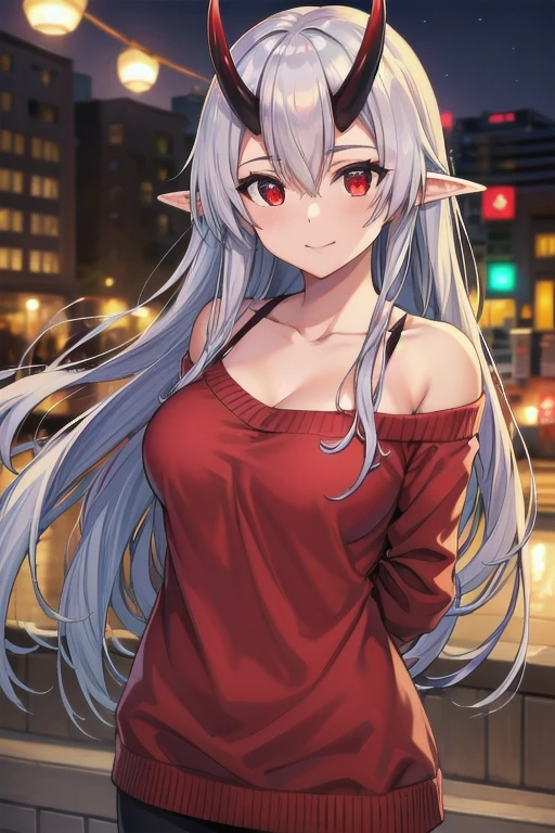 masterpiece, best quality, 1girl, tomoe gozen, torino style, glowing red eyes, smug smile, hair between eyes, silver long hair, elf, oni horns, sweater, bare shoulders, cleavage, hands behind back, ultra-detailed, realistic, photorealistic, HDR, UHD, studio lighting, ultra-fine painting, sharp focus, physically-based rendering, extreme detail description, professional, vivid colors, bokeh