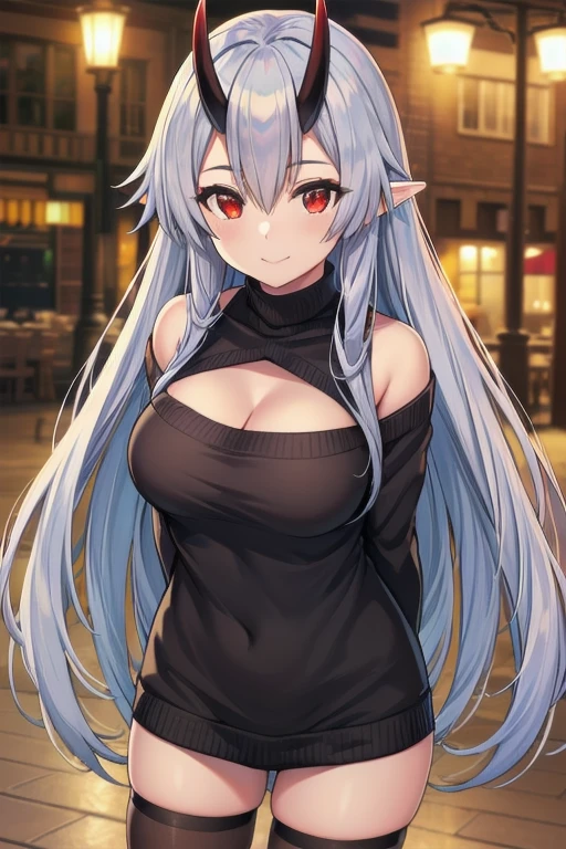 masterpiece, best quality, 1girl, tomoe gozen, torino style, glowing red eyes, smug smile, hair between eyes, silver long hair, elf, oni horns, sweater, bare shoulders, cleavage, hands behind back, ultra-detailed, realistic, photorealistic, HDR, UHD, studio lighting, ultra-fine painting, sharp focus, physically-based rendering, extreme detail description, professional, vivid colors, bokeh