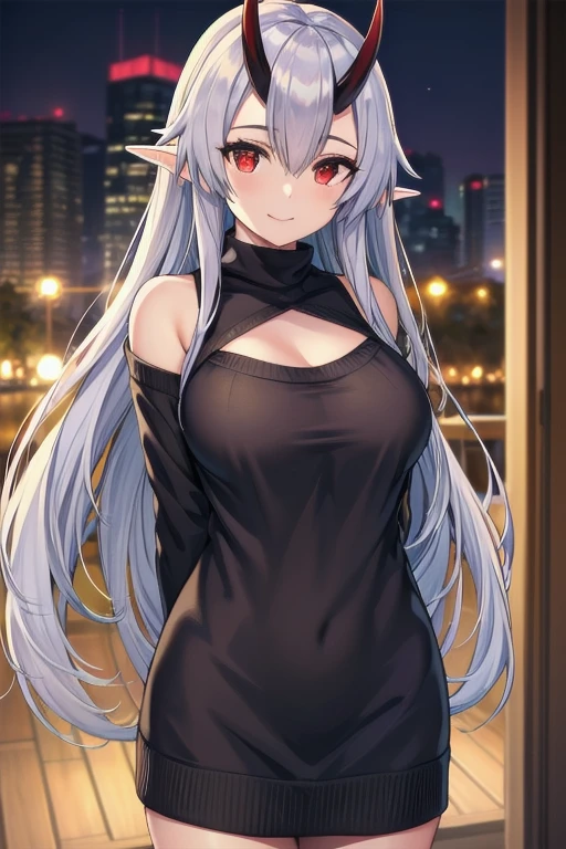 masterpiece, best quality, 1girl, tomoe gozen, torino style, glowing red eyes, smug smile, hair between eyes, silver long hair, elf, oni horns, sweater, bare shoulders, cleavage, hands behind back, ultra-detailed, realistic, photorealistic, HDR, UHD, studio lighting, ultra-fine painting, sharp focus, physically-based rendering, extreme detail description, professional, vivid colors, bokeh