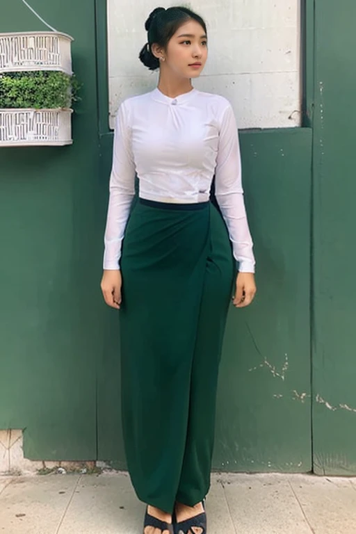 A school teacher is 30years old.Tall, thin, big hips, big breasts, black hair, small lips, brown eyes, attractive, K.Top=white Burmese blouse,With long sleeves,Buttoned at the side.Bottom=(Dark green) long skirt.
Footwear=female Burmese sandals,The hair is knotted bun.