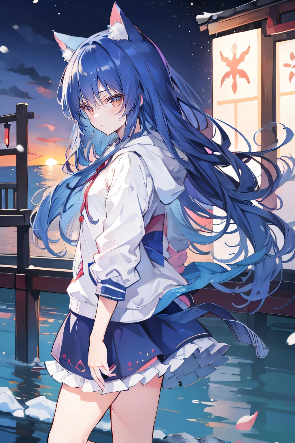 (masterpiece:1.2),Super detailed,lifelike,Expressive eyes,fair skin,perfect face shape,1 girl,
Japanese comics,Gorgeous blue hair,flowing blue hair,flowing clothes,Cat ears,Petals fall,beautiful lola,Baby Angel,sunrise,
Shaking head with one hand,Cross your legs,Gentle and peaceful background,The pavilion is cool and comfortable,smile, wearing hoodie, background of tokyo,back views,snowing, winter,seaside,wet clothes,A smile,A faint smile,。